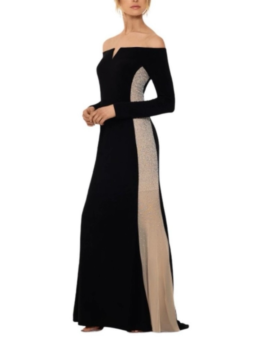 Xscape Black Off-Shoulder Long Sleeve Gown Crystal Embellishment Side Panels - Picture 5 of 16